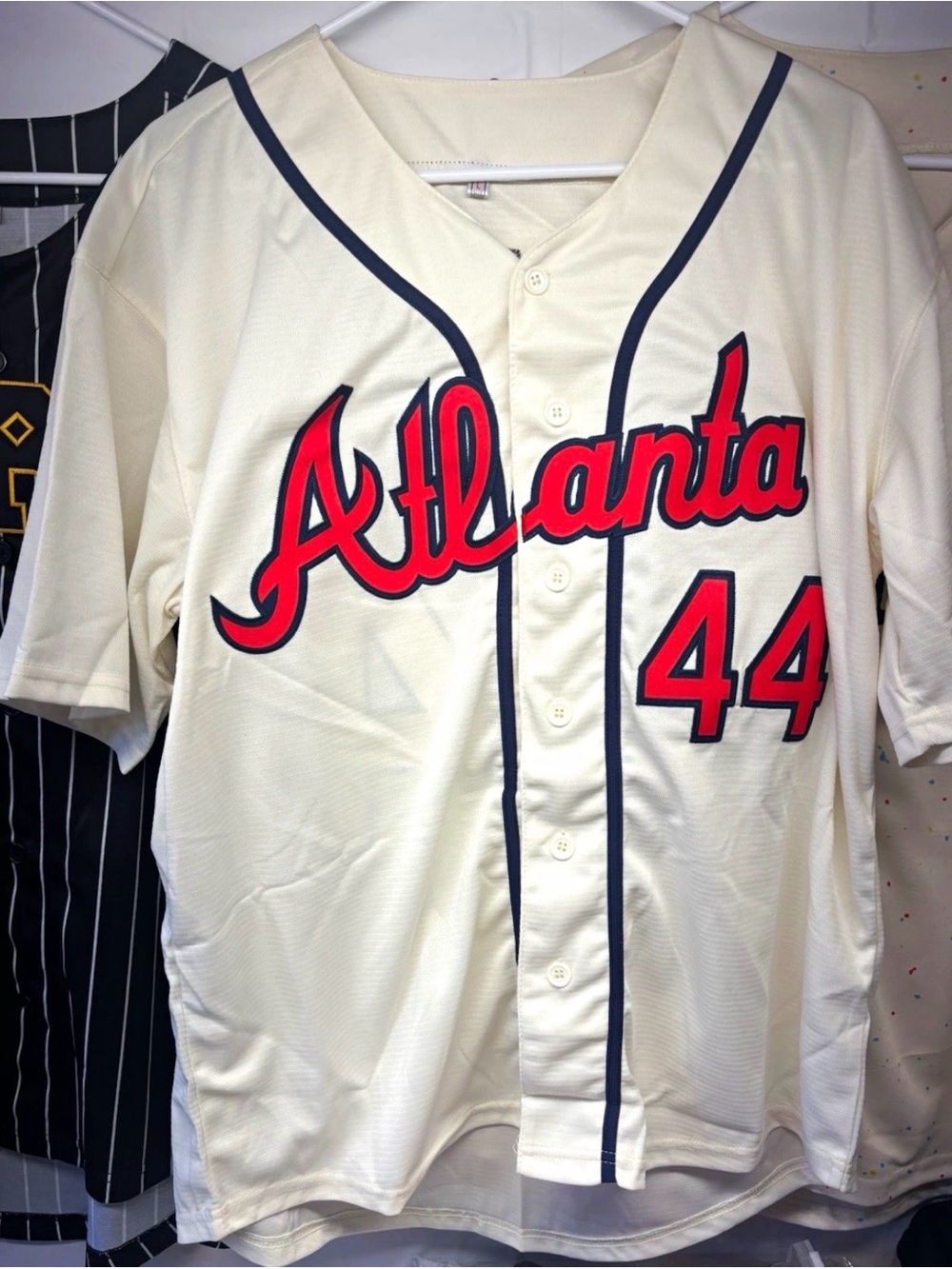 Cream Atlanta Script Baseball Jersey with Red & Navy Trim